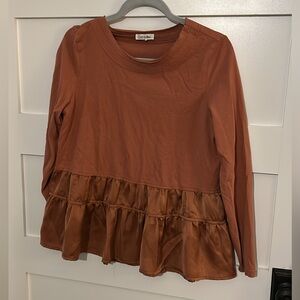 Cotton Bleu Rust Ruffled Hem Long Sleeve Top